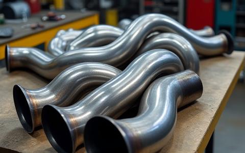 Dettaglio del sistema di scarico intricatamente curvato in acciaio inossale